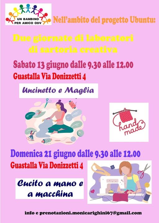 Locandina di due giornate di laboratori di sartoria creativa a Guastalla: uncinetto e maglia, cucito a mano e a macchina